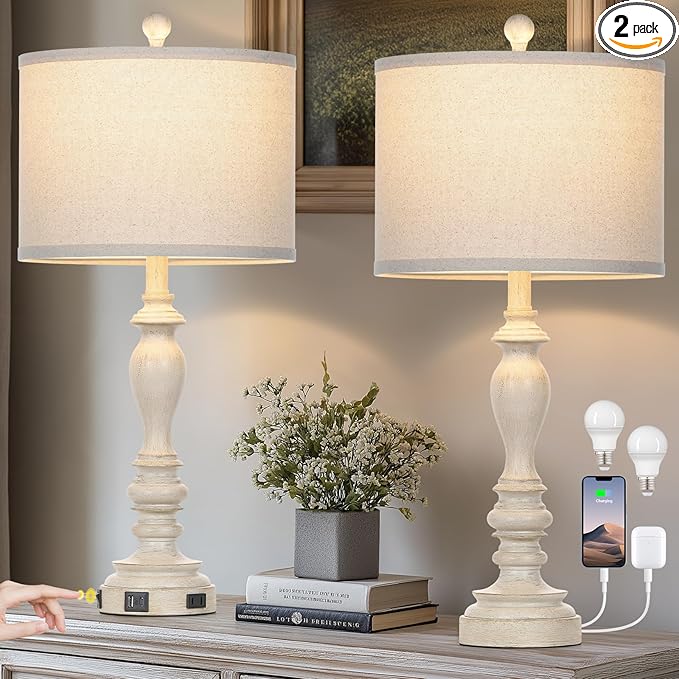 27.5" Retro Table Lamps Set of 2 with USB A+C Charging Ports -Nightstand Lamp for Bedroom Vintage Rustic Table Lamps for Living Room Traditional Nightstand Bedside Lamps（2 Bulbs Included）-Ruum Studio Home