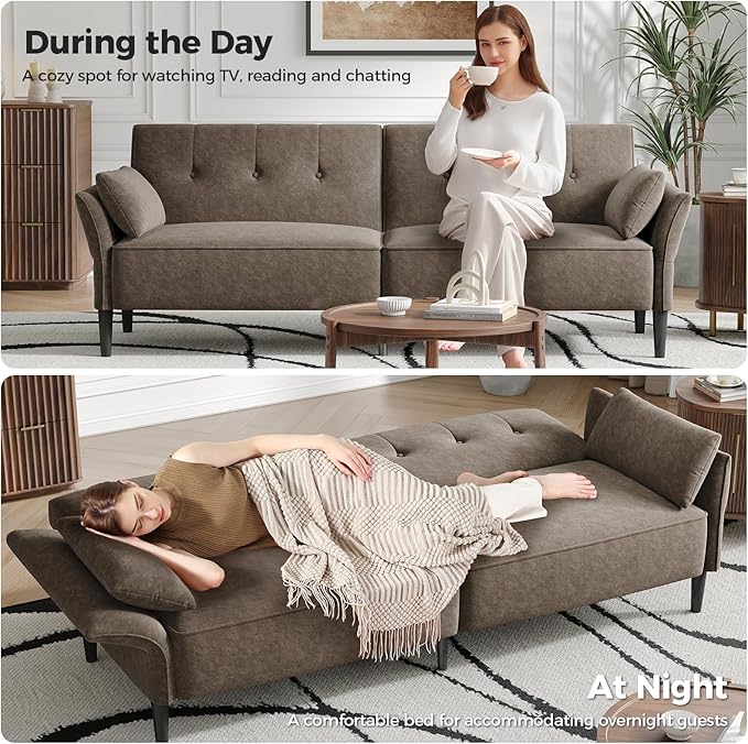 89” Futon Sofa Bed, Comfy Futon Couch Bed with 2 Square Pillows, Convertible Sleeper Sofa with Adjustable Backrest& Armrests, Modern Loveseat Sleeper for Living Room, Bedroom, Light Brown-Ruum Studio Home
