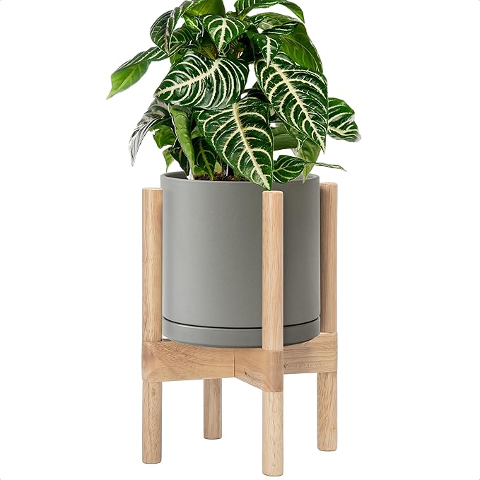 D'vine Dev Ceramic Planter with Natural Stand - 8 Inch Modern Round Flower Pot with Wood Planter Holder, Grey, 55-B-N-3-Ruum Studio Home