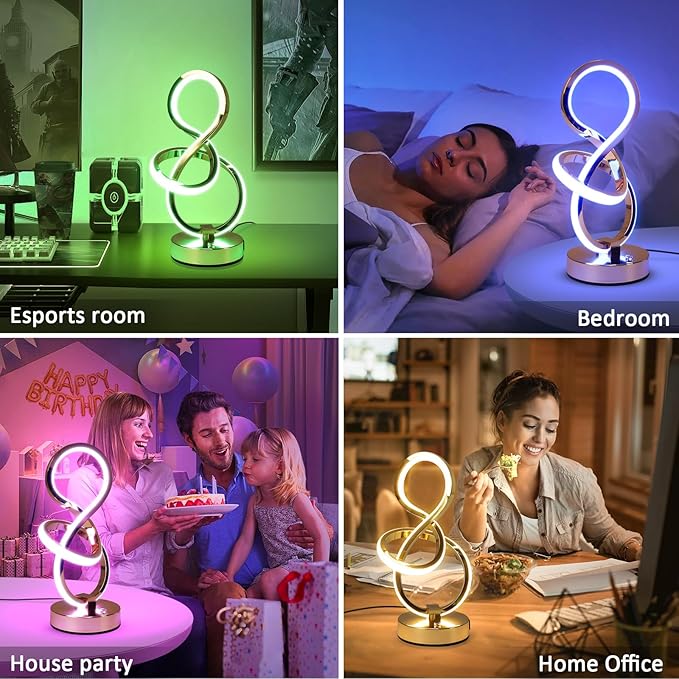 Modern Spiral Table Lamp, 7 Colors 10 Light Modes LED Nightstand Small Lamp with USB C+A Ports, Touch Dimmable Lamps for Living Room Bedroom Bedside, Unique & Cool Lamps,Gold-Ruum Studio Home