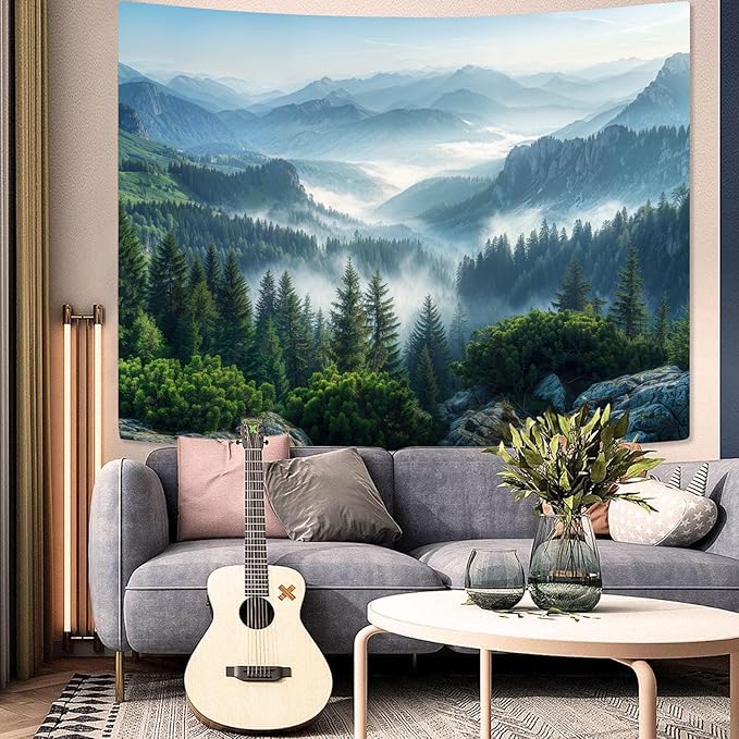 AMM Nature Forest Mountain Tapestry Green Misty Pine Tree Tapestry for Bedroom Aesthetic Foggy Woodlands Sky Landscape Tapestries Wall Hanging for Living Room Dorm 60 x 44 Inch-Ruum Studio Home
