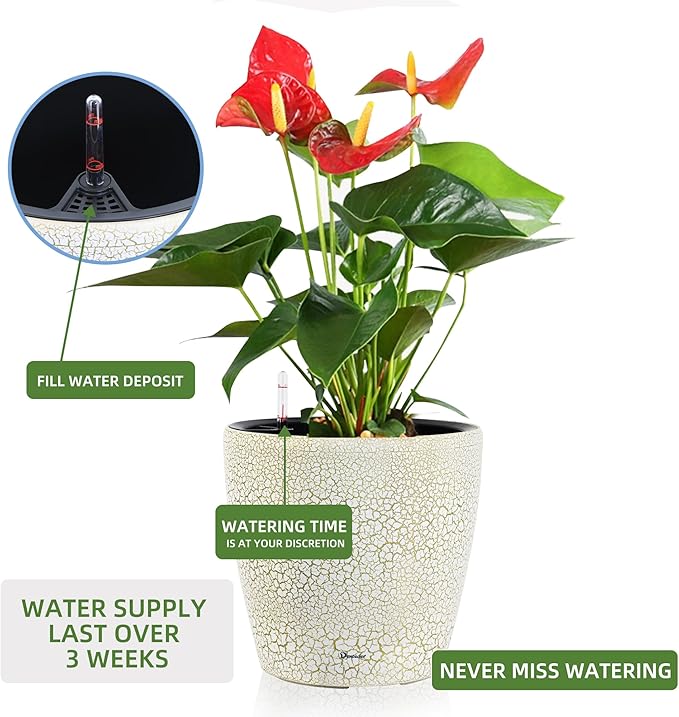 Dexceder 13x12 Self Watering Planter with Wheels Indoor Outdoor, Inner Pot Design, Thickened Large Floor Standing Flower Plant Pot with Water Level Indicator (White Gold Crackle)-Ruum Studio Home