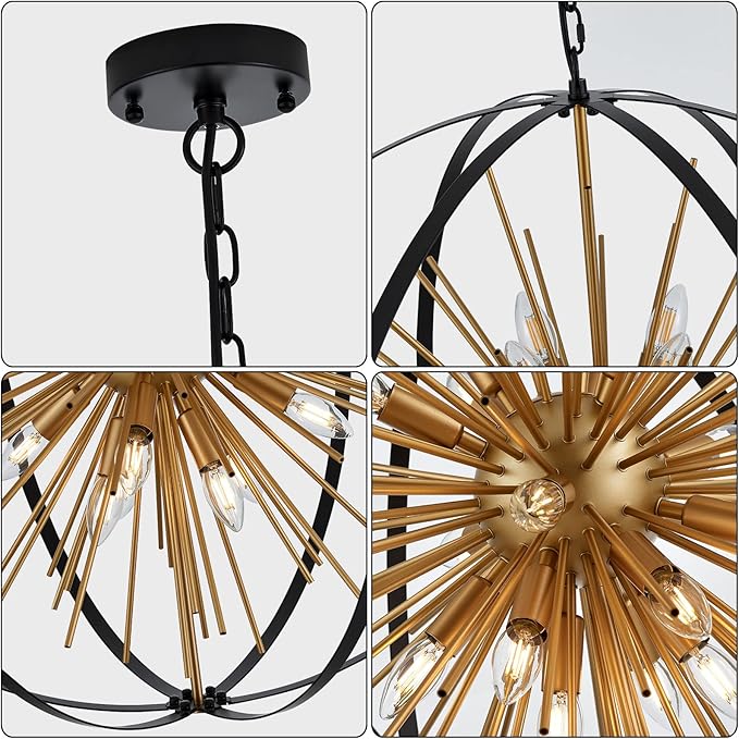 31.5" Black Gold 16-Light Globe Sputnik Chandelier Modern Industrial Adjustable Hanging Ceiling Firework Pendant Light Fixture for Entryway Foyer Stairway Bedroom Dining Living Room Hallway-Ruum Studio Home