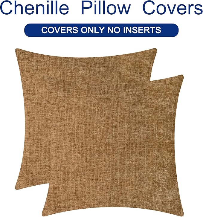 CaliTime Throw Pillow Covers Decorative 20 X 20 Inches Pack of 2 Cozy Chenille Cushion Cases for Couch Sofa Bed Living Room Home Apricot Brown-Ruum Studio Home