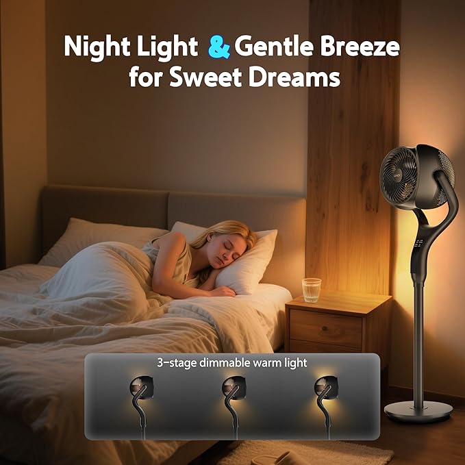 Standing Fan for Bedroom, 90° & 120° Oscillating Pedestal Fan, 3 Heights Adjustable Floor Fan with Brushless DC Motor, 12 Speeds, 3 Modes, Night Light, 12H Timer, Remote for Home, Dorm, Office-Ruum Studio Home