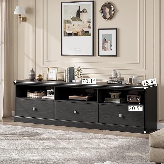 IDEALHOUSE 70in TV Stand for TVs up to 80", Mid Century Modern Entertainment Center with Storage Drawer and Open Shelves, TV Console Media Cabinet for Living Room, Bedroom, Black-Ruum Studio Home