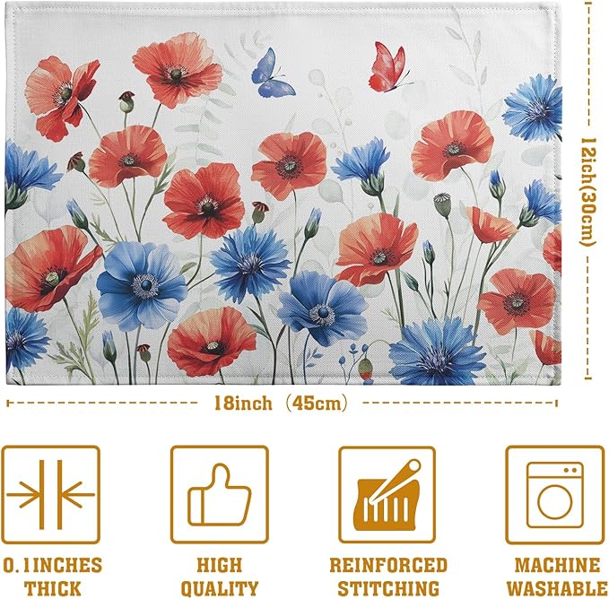 4th of July Floral Placemats Set of 4 Patriotic Summer Red Blue Flowers Linen Fabric Table Mats America Memorial Day Independence Day Place Mats for Party Kitchen Dining Decoration-Ruum Studio Home