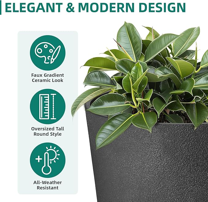 24" Tall Planters for Outdoor Plants, Set of 2 Heavy-Duty Resin Flower Pots, Matte Black Leather Grain Finish, Durable & Weather-Resistant, Ideal for Garden, Patio, Yard, Porch, or Home Use-Ruum Studio Home
