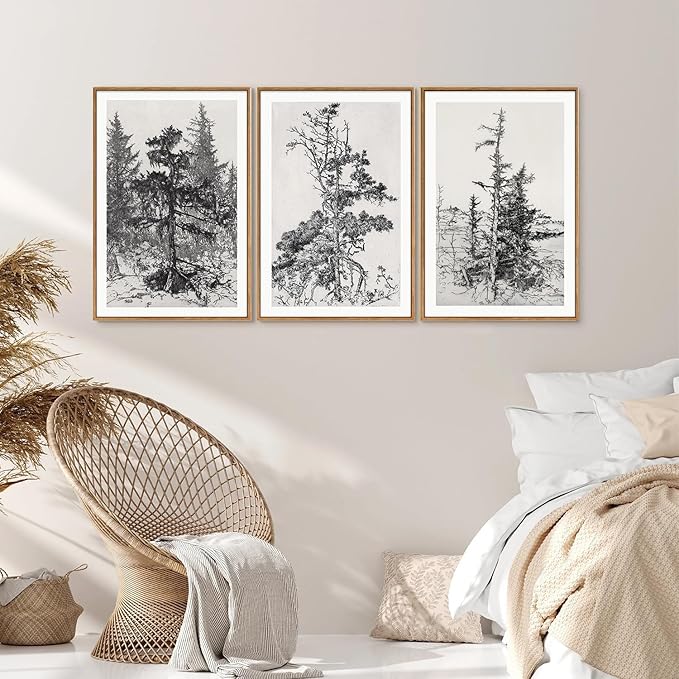 SIGNINART Vintage Tree Framed Wall Art Set , Black and White Antique Sketchbook Forest Painting, Wilderness Illustration Art Print , Retro Pine Tree Landscape Drawing Wall Decor for Living Room, Bedroom, Office (16"x24"x3)-Ruum Studio Home