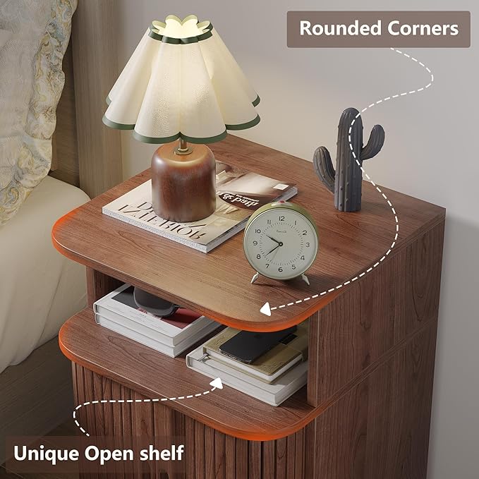 Alohappy Fluted End Table Set of 2, Mid Century Modern Nightstand with Sliding Tambour Door, Curved Round Edge Wood Bedside Table for Bedroom, Side Tables with Storage for Living Room, Walnut-Ruum Studio Home