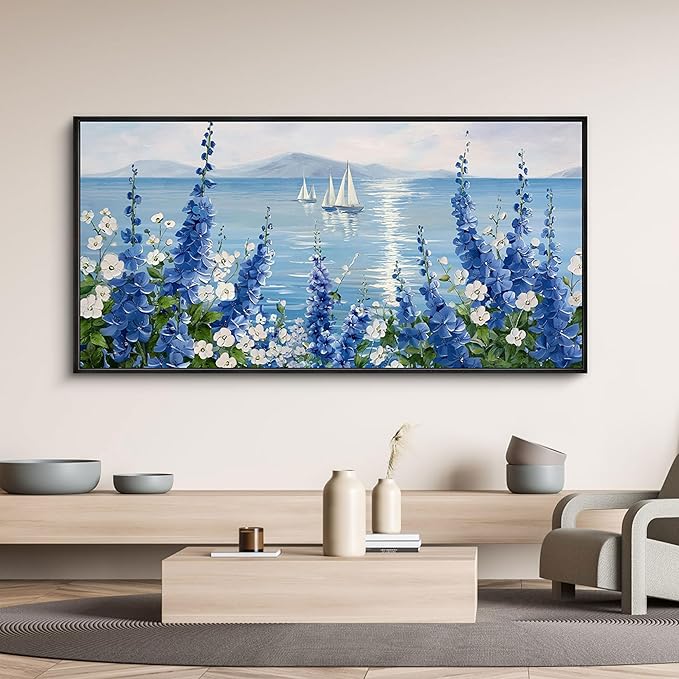XLSJERST Sailboat Wall Art - Blue Canvas Abstract Painting Textured Picture Artwork Vintage Nautical Flower Painting Coastal Modern Print 20"x40" Frame for Living Room Bedroom Office Home Decoration-Ruum Studio Home