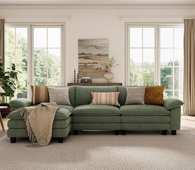 LINSY HOME Modular Sectional Sofa - 123'' Oversized Corduroy Cloud Couch L Shaped Couch with Movable Ottoman Soft Modern Comfy Sofa for Living Room Apartment Office, Green-Ruum Studio Home