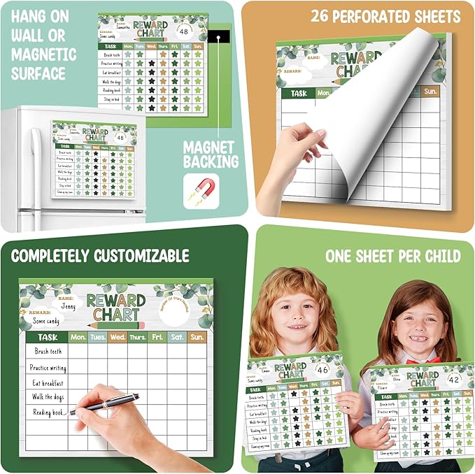 Reward Chart for Kids,Magnetic Behavior Chore Chart for Kids at Home,26 Eucalyptus Chore Charts,1960 Star Stickers,56 Reward Stickers,Incentive Chart to Develop Responsibility and Good Habits,Greenery-Ruum Studio Home