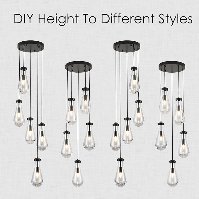 5-Light Raindrop Pendant Light Fixtures, Black Glass Pendant Lighting, Teardrops Modern Hanging Light for Entryway Foyer Kitchen Island Dining Living Room Hallway-Ruum Studio Home