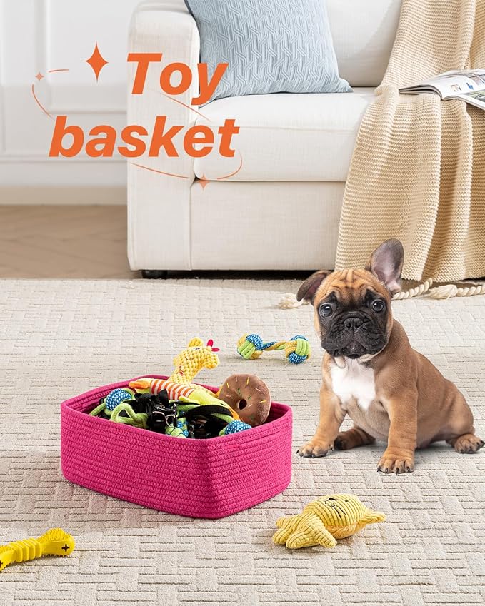 KALLAX Small Woven Basket, 13.5 x 9.5 x 5 Inches, Storage Basket for Organizing, Cute Small Rope Shelf Closet Cube Storage Bins Baskets for Shelves, Dog Toy Gift Baskets Empty, 3 Packs, Hot Pink-Ruum Studio Home