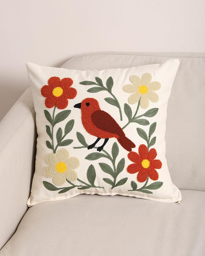 Throw Pillow Cover with Bird Embroidery – 18x18 inch Handmade Punch Needle Cushion Cover – 100% Cotton Decorative Pillow for Couch, Bed or Living Room – Boho Nature-Inspired Home Decor-Ruum Studio Home