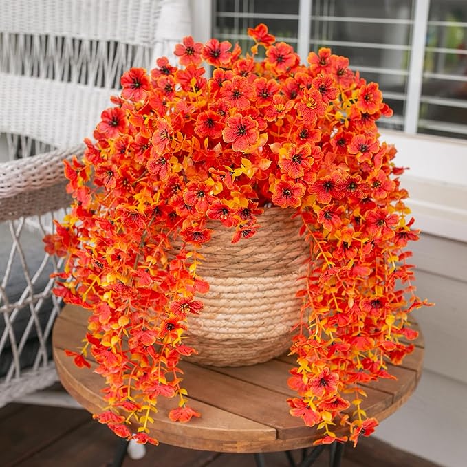 INSPRING Fall Artificial Flowers for Outdoors Fake Silk Flower, 2Pcs Red Orange Daisy Autumn Decor, Realistic Hanging Decoration Plants, UV & Fading Resistant for Porch Patio Balcony Planter-Ruum Studio Home