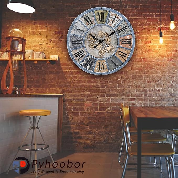 Unique Moving Gear Large Round Wall Clock 21inch-Battery Powered. Retro Industrial Steampunk Country Farmhouse Decor for Living Room Kitchen Bars cafes Offices(Blue/metal/21)-Ruum Studio Home