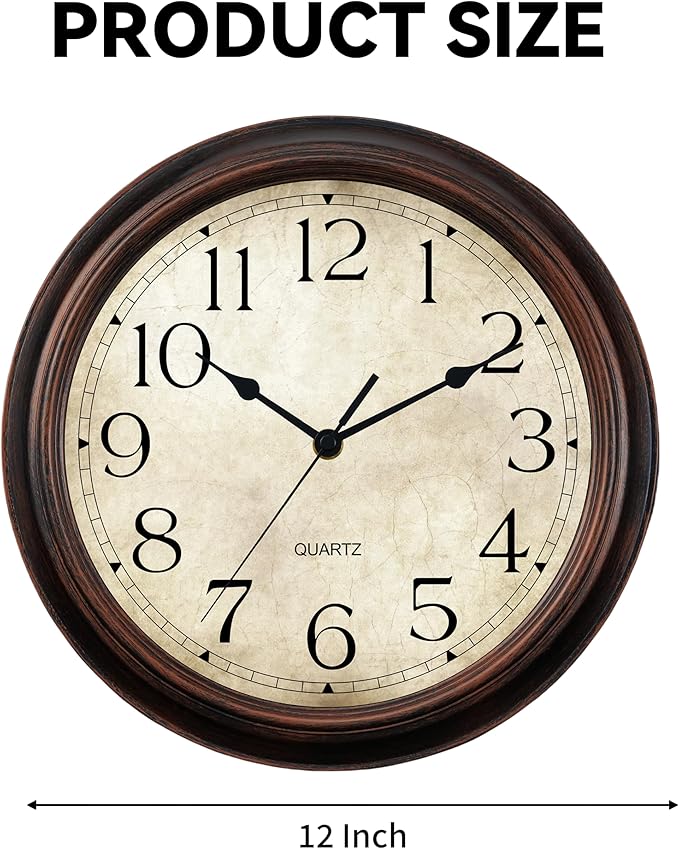 12 Inch Wall Clocks Battery Operated Silent Non-Ticking Analog Wall Clock Vintage Retro Rustic Style Decorative for Living Room Kitchen Home Office(Bronze)-Ruum Studio Home