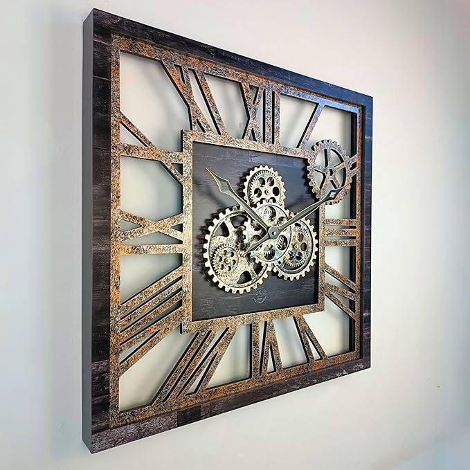 The Gears Clock 24'' Inch Square Real Moving Gear Wall Clock Vintage Industrial Oversized Rustic Farmhouse (Vintage Black)-Ruum Studio Home