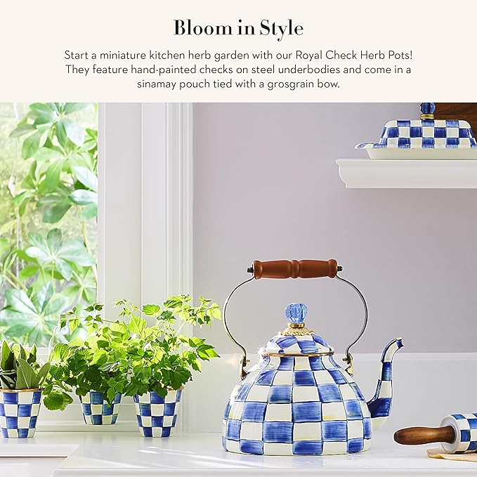 MACKENZIE-CHILDS Enamel Herb Pots, Small Plant Pots for Herbs or Flowers, Set of 3, Blue-and-White Royal Check-Ruum Studio Home