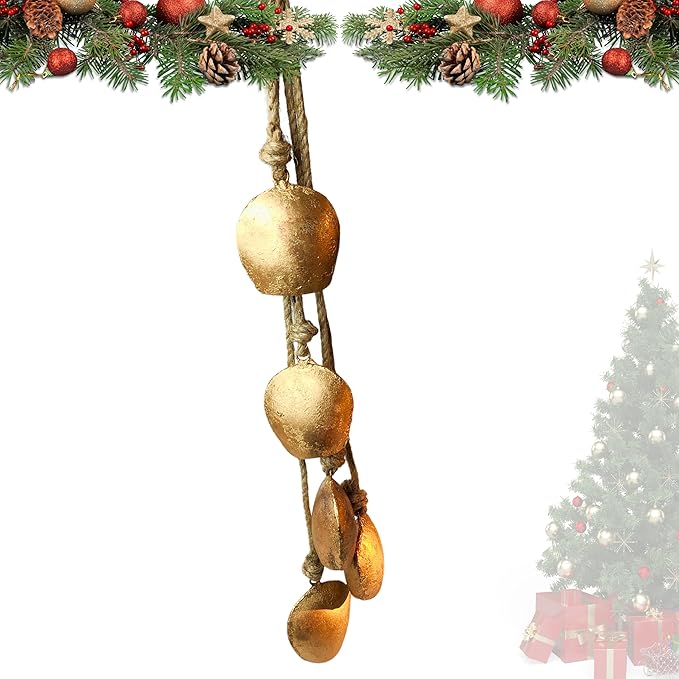 Harmony 5 Cow Bells Cluster on Rope - Large Rustic Vintage Lucky Cow Bells On Rope Wall Hanging Decor-Ruum Studio Home