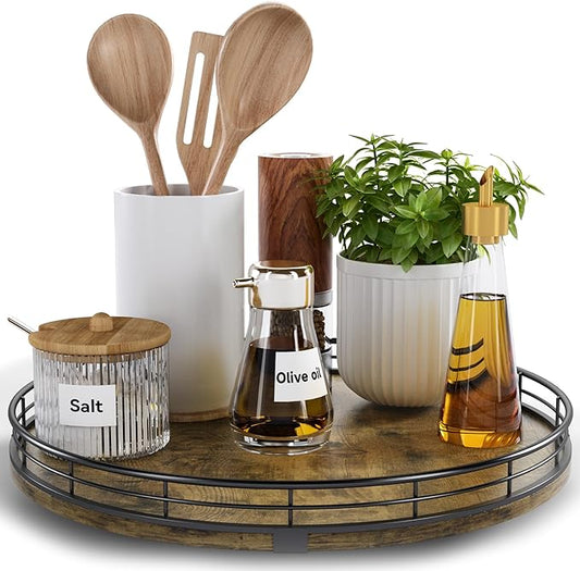 Lazy Susan Turntable Organizer for Table Top, 12’’ Round Wooden Lazy Susan for Cabinet Kitchen Countertop Pantry Dining Coffee Table for Condiments Spices, Rustic Bathroom Vanity Tray for Soap Candle-Ruum Studio Home