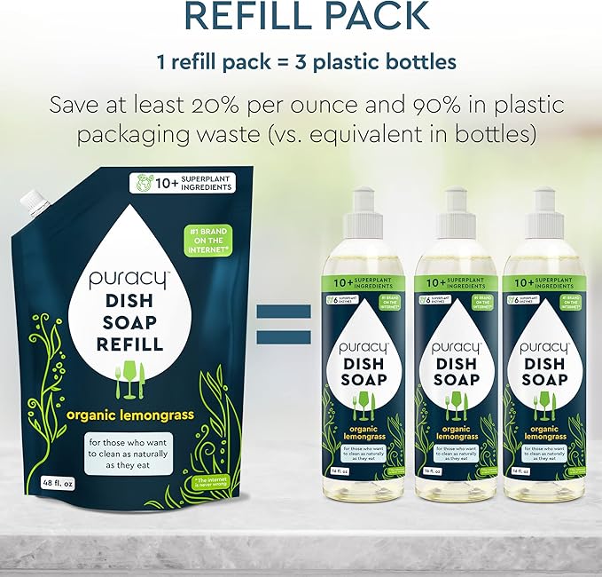 Puracy Natural Dish Soap Refill - Skin-Softening Plant-Based Liquid Dishwashing Detergent Soap, Clean-Rinsing Water-Sheeting Formula (Organic Lemongrass, 48 fl oz)-Ruum Studio Home
