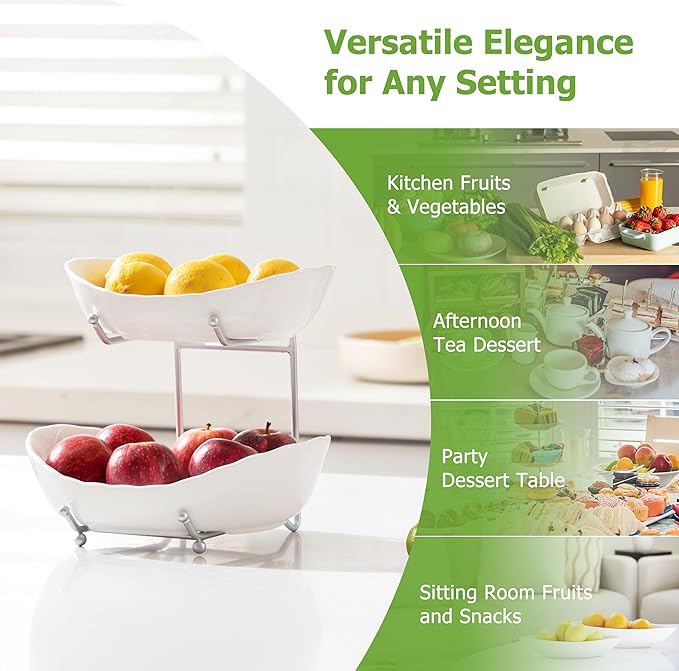 HBlife Fruit Bowl for Kitchen Counter - 2 Tier Ceramic Fruit Bowl with Metal Stand, Tiered Fruit Basket for Kitchen Counter, Serving Platters Serving Trays for Party-Ruum Studio Home