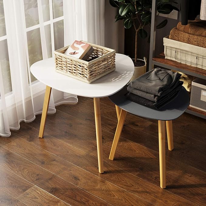 BAMEOS Bamboo Nesting Triangle End Table,Set of 2 Coffee Table Modern Minimalist Side Table for Living Room, Balcony in White & Grey-Ruum Studio Home