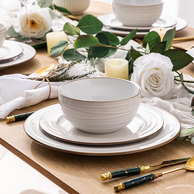GBHOME Ceramic Dinnerware Sets,12 pcs Embossed Elegant Stoneware Plates and Bowls Sets, Housewarming Wedding Gift | Dishwasher & Microwave Safe | Dishes Set Service for 4-Ruum Studio Home