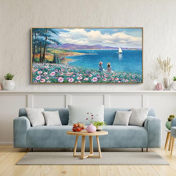 XLSJERST Large Landscape Wall Art - Blue Ocean Pink Flower Sailboat Mountain Tree Decor Orange Frame Artwork for Wall Large Picture for Living Room Bedroom Home Office Wall Decoration Size 24x48-Ruum Studio Home
