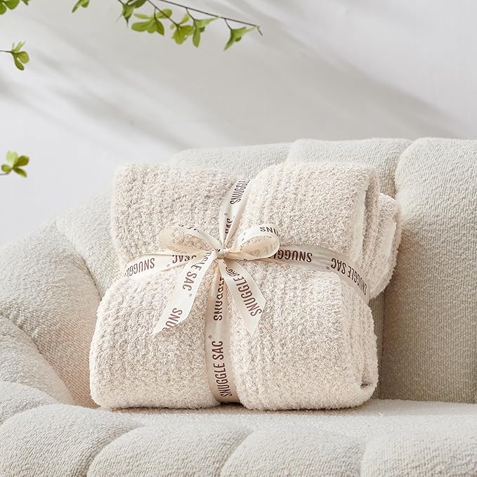 Snuggle Sac Queen Size Oversized Super Soft Bed Blanket - Warm & Cozy Knit Fuzzy Microfiber Blankets in Heather Ivory, 90 x 90-Ruum Studio Home
