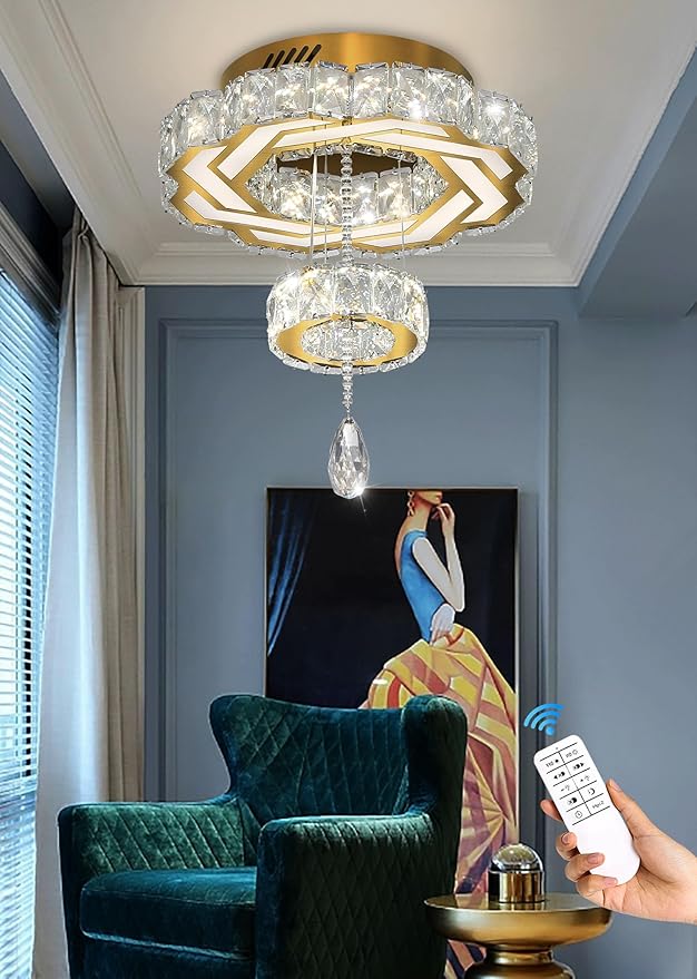 Flashing God Small Crystal Chandeliers Dia 12" Gold Chandelier Flush Mount Ceiling Light for Bedroom Living Room Dining Room Hallway Dimmable 3 Rings LED Celing Lighting Fixtures-Ruum Studio Home