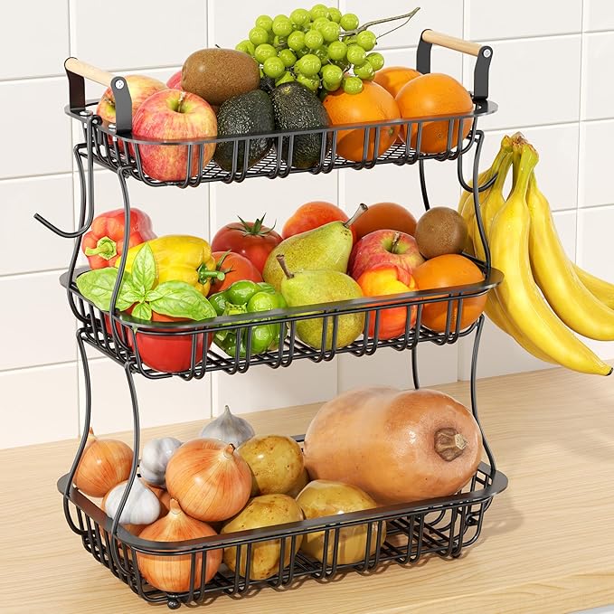3 Tier Fruit Basket for Kitchen Counter, Fruit Bowl with 2 Banana Hooks Mesh Top, Multifunctional Detachable Sturdy Kitchen Storage Organizer for Vegetables Snacks Onion Potato, Black-Ruum Studio Home