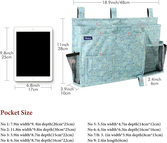 Surblue Bedside Caddy Hanging Bed Organizer Storage Bag Pocket for Bunk and Hospital Beds, College Dorm Rooms Baby Bed Rails, Camp 8 Pockets, (Large, Cartoon)-Ruum Studio Home