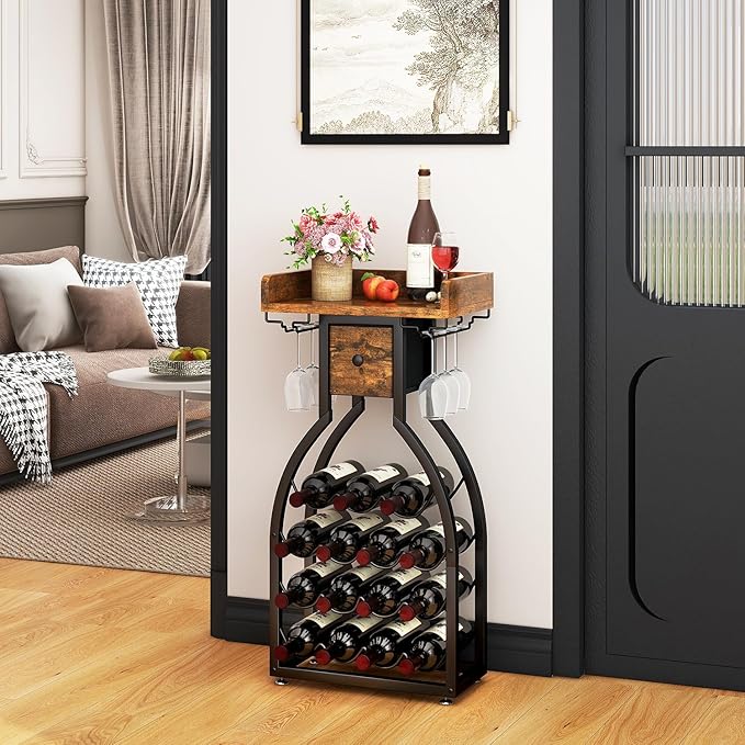 IBUYKE Wine Rack Freestanding Floor,Wine Storage 15 Bottles Bottle Rack with Glass Holders, Mini Bar Wine Cabinet with Storage Drawer for Home Bar Kitchen Dining Room,Rustic Brown,UTMJ908H-Ruum Studio Home