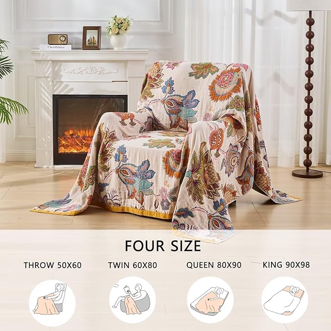 Boho Throw Blanket for Bed Couch 100% Cotton Woven Bed Throws for Summer, Lightweight and Soft Cozy Farmhouse Reversible Muslin Decorative Blanket for Travel Picnic, Teal/Cream, 80"x90"-Ruum Studio Home