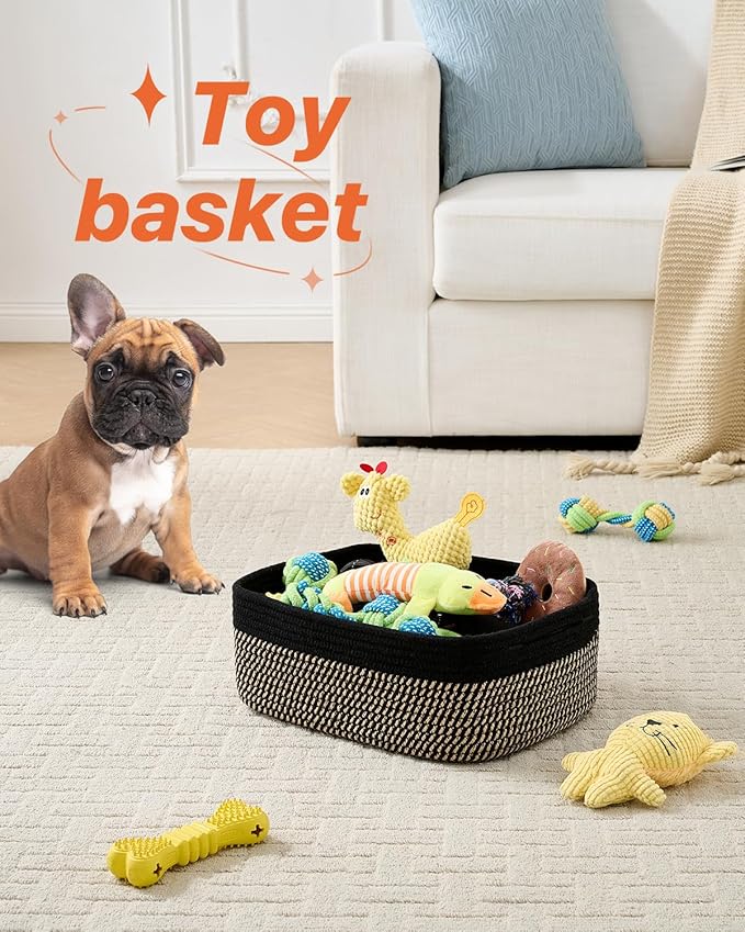 KALLAX Small Woven Basket, 13.5 x 9.5 x 5 Inches, Storage Basket for Organizing, Cute Small Rope Shelf Closet Cube Storage Bins Baskets for Shelves, Dog Toy Gift Baskets Empty, 3 Pack Black & Brown-Ruum Studio Home