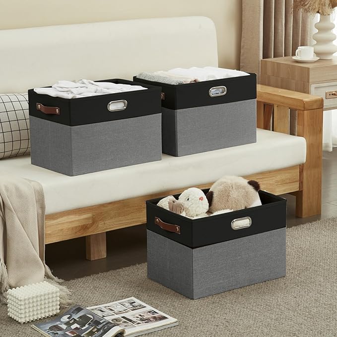 Large Collapsible Fabric Storage Bins with 3 Handles, Foldable Organizer Baskets for Closet, Shelves, Living Room | 3 Pack, Durable PU & Metal Handles (17"x11.8"x11.8", Black & Gray)-Ruum Studio Home