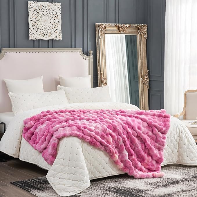 Cozy Bliss Faux Fur Throw Blanket for Couch, Fuzzy Soft Plush Thick Bubble Blanket for Sofa Bedroom Living Room, 60 * 80 Inches Tie Dye Pink-Ruum Studio Home