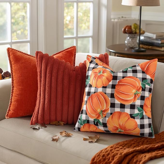 decorUhome Fall Orange Pumpkin Decorative Throw Pillow Covers 18x18 Set of 2, Buffalo Plaid Check Farmhouse Cushion Covers for Autumn Harvest Couch Sofa Bed Home Decor-Ruum Studio Home