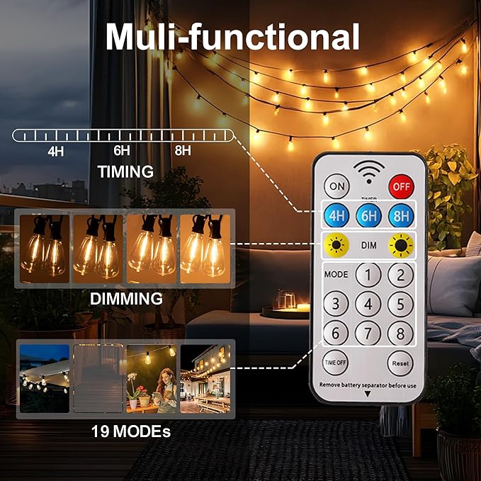 Solar Powered Warm White LED Outdoor String Light with Remote Control, Shatterproof Light Bulbs for Backyard Garden Patio Pergola Gazebo Bistro Bedroom Christmas Wedding Party (10+1 Bulbs)-Ruum Studio Home