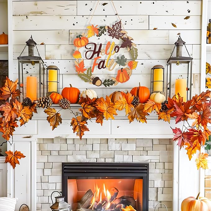 Fall Decoration Hello Fall Wreaths for Front Door, Wooden Welcome Maple Leaf Pumpkin Door Sign Ornament, Wood Farmhouse Wooden Hanging for Autumn Harvest Home Halloween Decoration-Ruum Studio Home