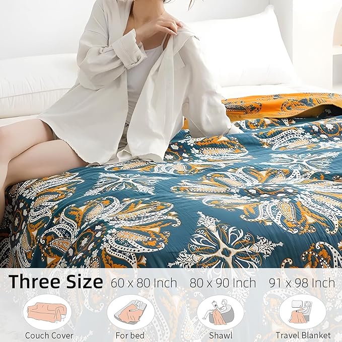 Boho Throw Blanket for Bed - 100% Pure Cotton Ultra Soft Rustic Quilt - Farmhouse Decor Bed Blankets, All Season Rustic Throw for Sofa Couch Chair(60"×80", Boho Floral)-Ruum Studio Home