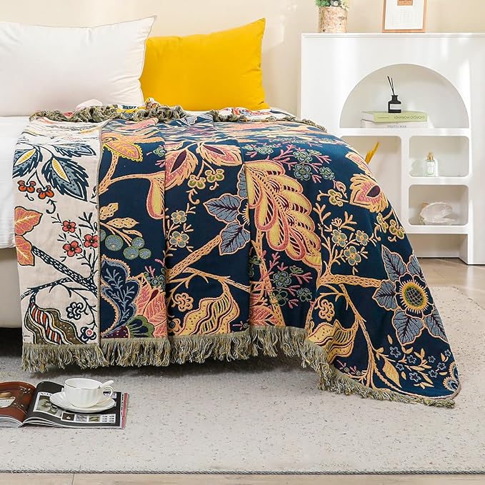 Boho Cotton Throw Blanket - Ultra-Soft Rustic Quilt for Bed, Home Decor & Travel - Large 60"x80" Muslin Blanket - All-Season Lightweight Bedspread & Throw for Women & Moms-Ruum Studio Home