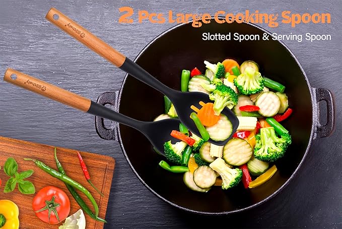 Large Silicone Cooking Spoon Set, 2 Pack Solid Slotted Spoon with Wooden Handle, Nonstick Silicone Kitchen Spoons for Cooking, Heat Resistan Spatula Set for Serving, Basting, Mixing (Black)-Ruum Studio Home