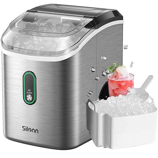 Silonn Nugget Ice Maker Countertop, Pellet Ice Machine with Self-Cleaning Function, Sonic Ice Maker Produces 33lbs of Chewable Ice in 24 Hours, Ideal for Home Kitchen and Office, Stainless Steel-Ruum Studio Home
