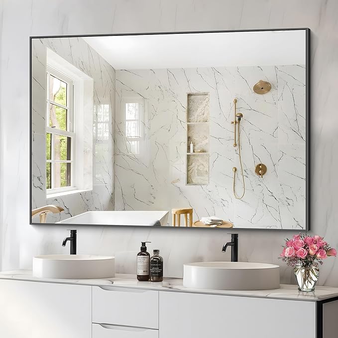 36x50inch Bathroom Mirror, Black Rectangle Mirrors with Thin Metal Frame, Large Rectangular Wall Mirror for Bathroom, Living Roomm, Hair Salon, Big Farmehouse Mirror Hang Horizontal/Vertical-Ruum Studio Home
