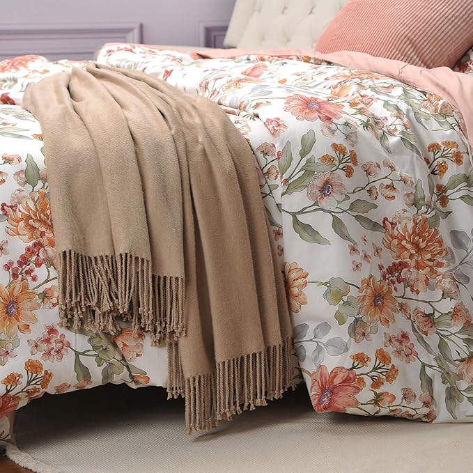 CUDDLE DREAMS Silk Throw Blanket with Hand-Knotted Fringe, Natural, Soft & Breathable (Taupe)-Ruum Studio Home